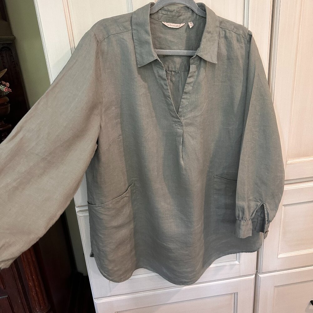 Soft Surroundings 100% Linen Light Gray Long-Sleeve Collard Blouse